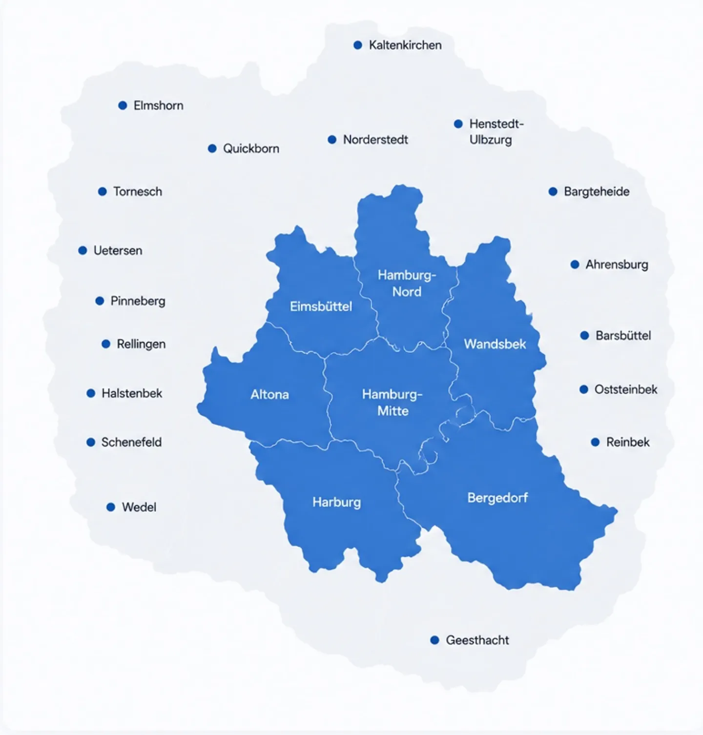 Karte des Einsatzgebiets: alle sieben Hamburger Bezirke sowie umliegende Städte in Schleswig-Holstein.