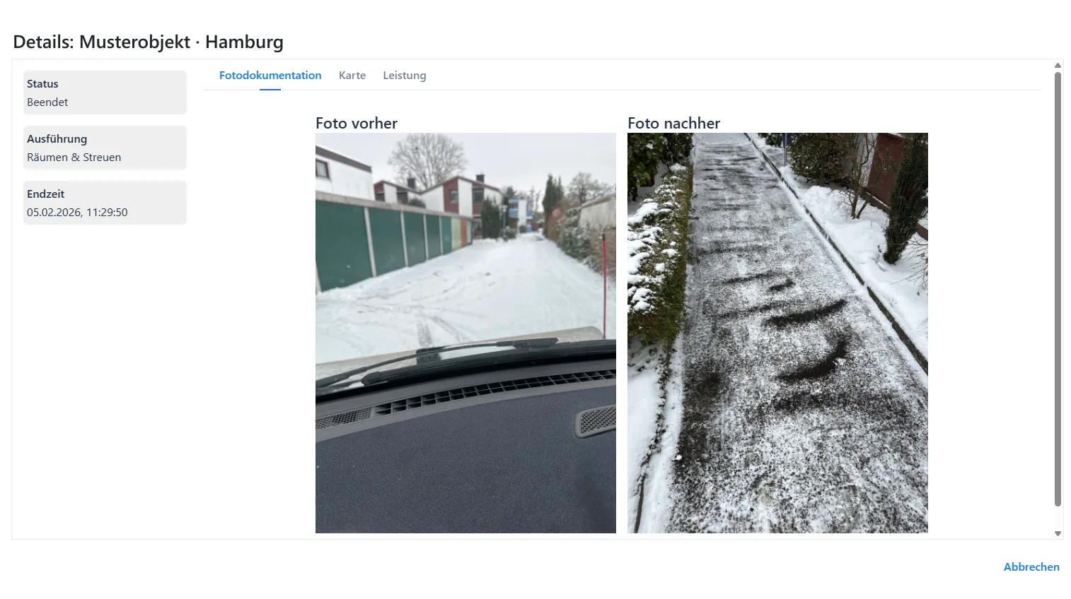 Kundenportal-Ansicht eines abgeschlossenen Einsatzes: Status Beendet, Ausführung Räumen und Streuen, Endzeit, daneben die Vorher- und Nachher-Fotos des geräumten Wegs.