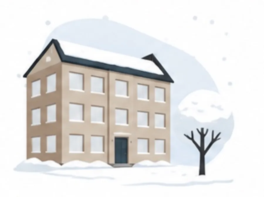 Illustration eines verschneiten Mehrfamilienhauses.